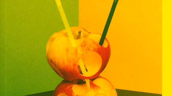 Buchcover Balance Studies: Two apples lying on top of each other, penetrated and fixed by two plastic straws