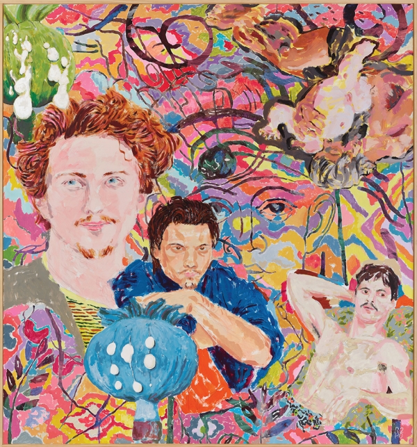 Eine Malerei von Richard Hawkins mit drei Figuren vor abstrakt buntem Hintergrund