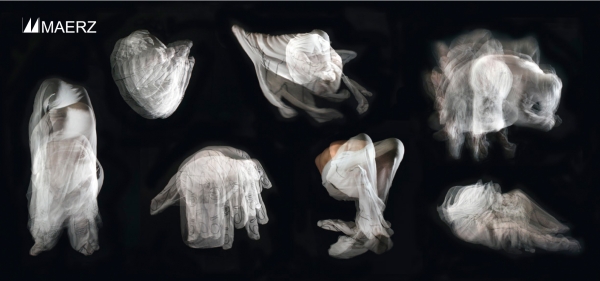 Abstract
                                          photographs of bodies wrapped in white cloths on a black background