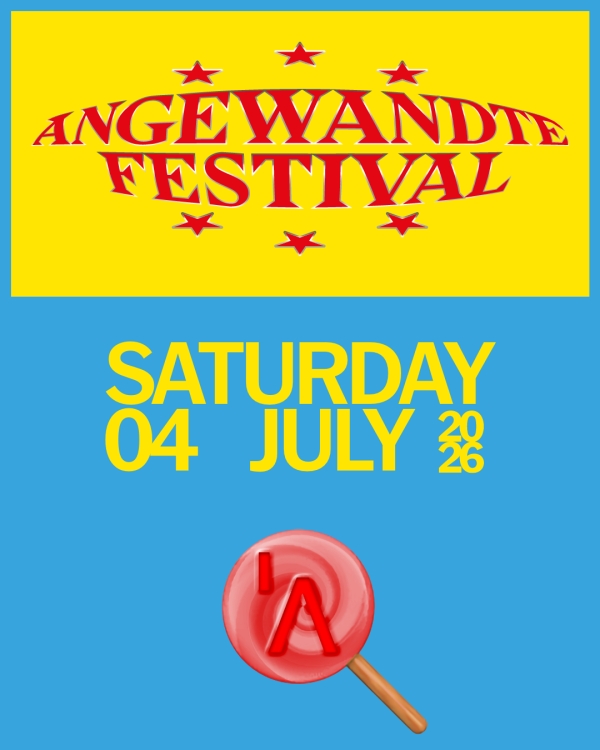 Poster, text reads Angewandte Festival 2026, Saturday 4 July. A red lollipop on blue background.