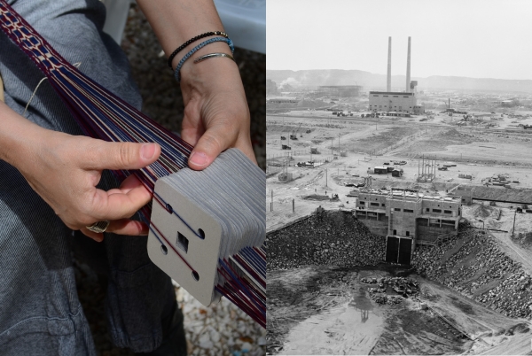 Left: Person weaving using tablet technique. Photo: Sophia Tsourinaki/SEN Heritage Looms
                                          (License: Creative Commons Attribution-Share Alike 4.0 International). Right: The 181-B River Pump House under construction
                                          in March 1944, with the 184-B Power Plant in the background. Repository: Library of Congress Prints and Photographs Division
                                          Washington, D.C. (License: Public domain in the U.S.A.)