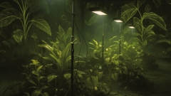 Viele Pflanzen
                                          stehen beleichtet von industriellen Lampen in einem dunklen Raum