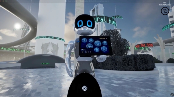 Ein animierter Roboter in futuristischer Umgebung