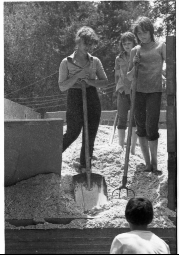 Women standing on sand with tools,
                                          Soviet Union, 1989