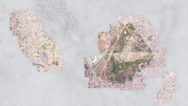 A fragmented satellite image of a city
