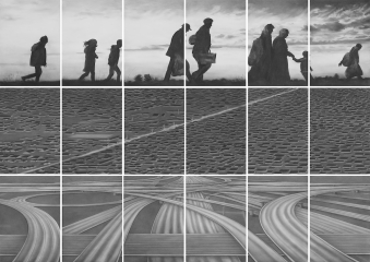 Foto: Rainer Wölzl_PANOPTIKUM
                                          - ZAATARI, 2020 - Aus der Serie Museum der Schatten; Kohle/Papier, 18-teilig, je 100 x 70 cm, gesamt 302 x 425 cm