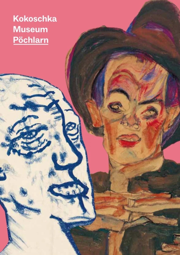 pink poster featuring a collage of drawings by Egon Schiele
                                          and Oskar Kokoschka