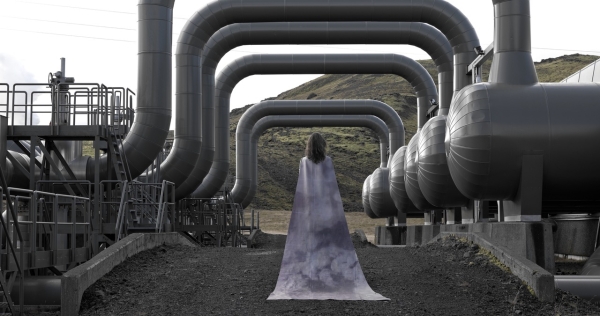 Frau mit Umhang steht in industrieller Umgebungen, die symbolisch für geologische Folgen stehen