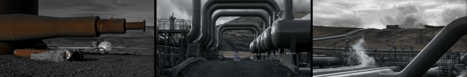 Fotomontage zeigt 3 dnkel anmutige Ausschnitte industrieller Umgebungen, die symbolisch für geologische Folgen stehen