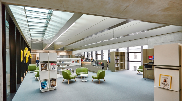 University Library of Applied Sciences with seating areas and bookshelves