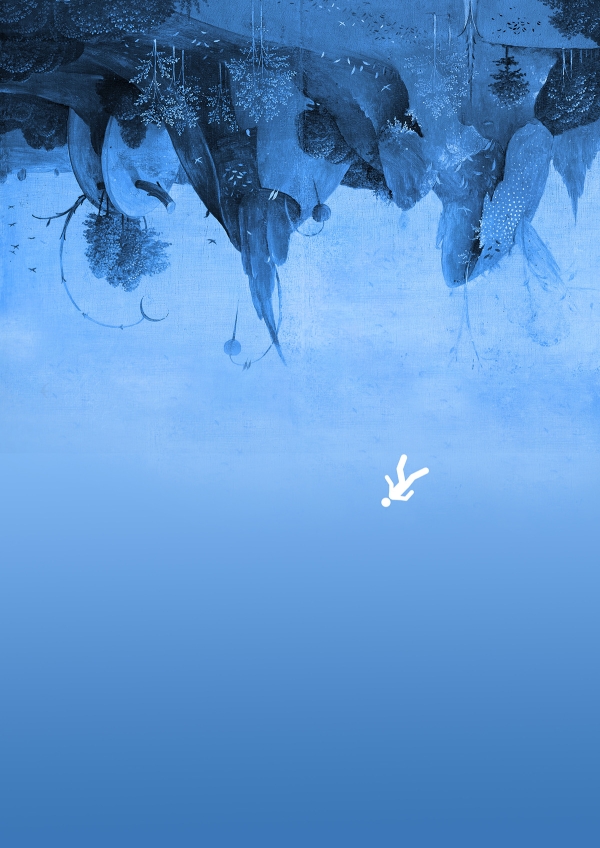 Ein umgekehrtes Bild einer schwarzen Landschaft vor blauem Hintergrund: Der Himmel ist unten,
                                          die Landschaft oben. Eine Figur fällt in den Himmel.