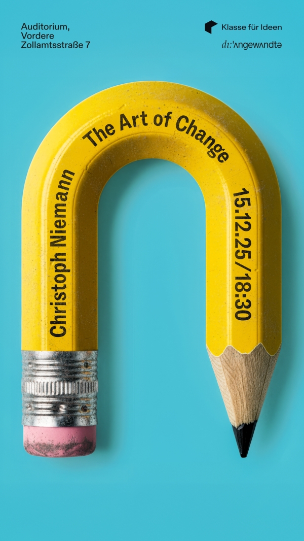 The event poster Christoph Niemann The Art of Change shows a yellow pencil
                                          on a blue background.