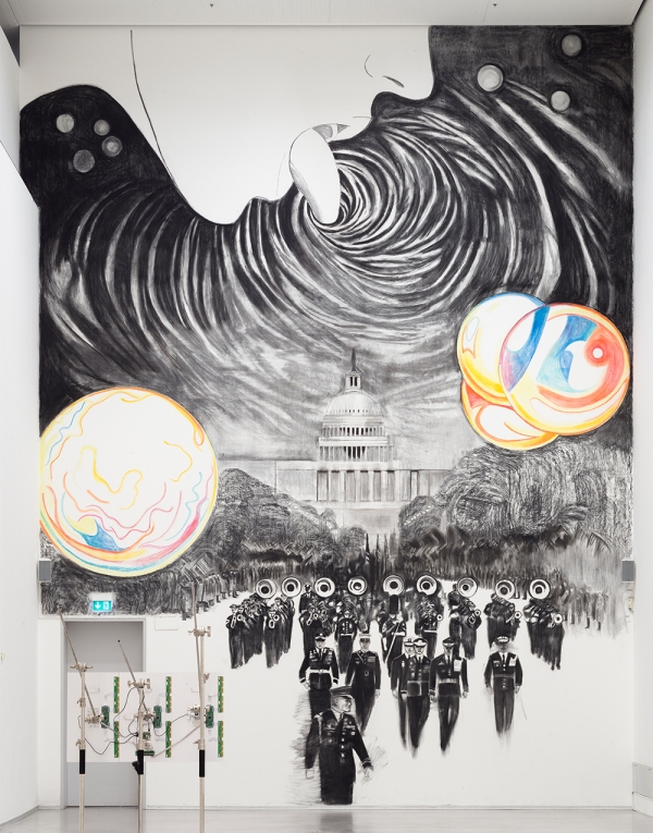 Marc Bauer, The Parade, Wandzeichnung,
                                          Berlinische Galerie, 2020