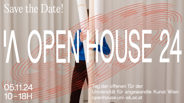 Das Bild zeigt eine stehende Person, die hinter
                                          langen, weißen Papierrollen und Leinwänden versteckt ist. Ein abstraktes, rotes O, das einem Fingerabdruck gleicht, liegt
                                          über dem Bild. Text: ‘A Open House 24, Tag der offenen Tür der Universität für angewandte Kunst Wien, openhouse.uni-ak.ac.at,
                                          05.11. 24, 10–18 H