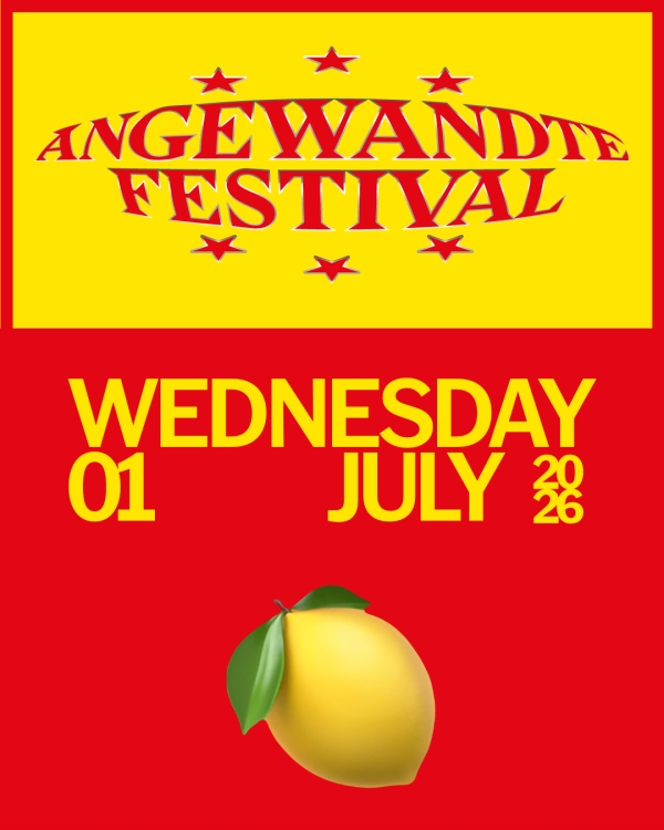 Poster, Text: Angewandte Festival 2026, Mittwoch 1. Juli 2026. Eine Zitrone auf rotem Hintergrund