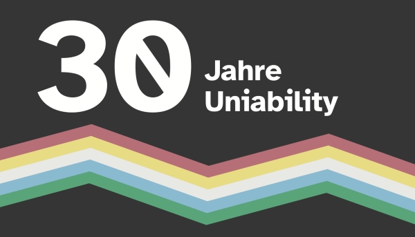Dunkelgraue Veranstaltungsgrafik mit der Beschreibung 30 Jahre Uniability und regenbogenartigem Muster