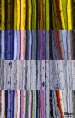 Mikrofotografie
                                          eines Querschliffes aus einem Sandwich aus Farbschichten der Graffiti am Donaukanal, Wien (VIS X, VIS II, UV, Blau), © Institut
                                          für Konservierung und Restaurierung, Universität für angewandte Kunst Wien