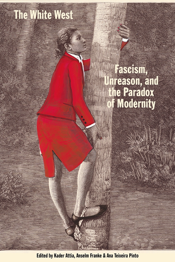 A woman in a red suit climbs up a tree.