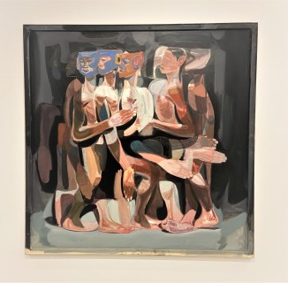 The oil painting by Tesfaye Urgessa shows overlaid, male-read, black nude figures crowded close together.