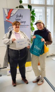 Veronika Merklein with a student who collected the bags for her team